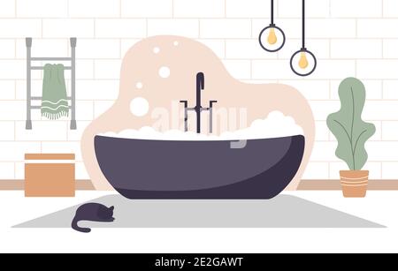 Modern bathroom interior in scandinavian style. Cozy contemporary white room with oval black bath. Vector flat cartoon illustration Stock Vector