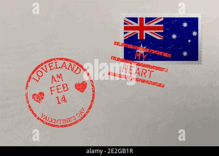 Postage stamp envelope with Australia flag and Valentine s Day stamps, vector Stock Vector