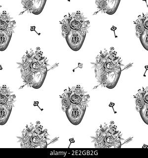 Romantic seamless pattern with pierced heart, flowers and retro keys. Hand drawn illustration in engraving style. Stock Vector