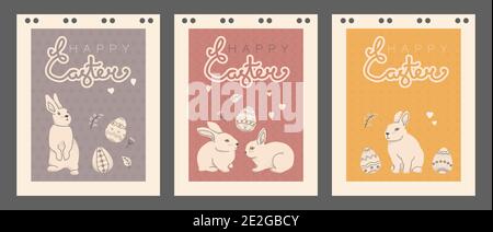Vintage postcards Happy Easter. Easter bunny, eggs and elements. Vector EPS 10. Stock Vector