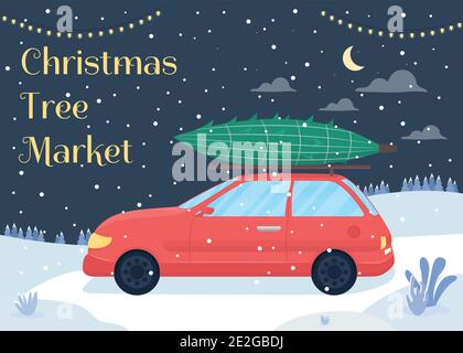 Christmas tree market poster flat vector template Stock Vector