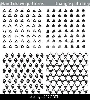 Four different seamless patterns made with hand drawn triangles. Stock Vector