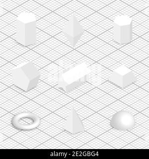 Set of various geometric shapes. 3D isometric style, vector illustration. Stock Vector