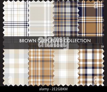 Brown Glen Plaid Tartan seamless pattern collection includes 8 designs for fashion textiles and Stock Vector