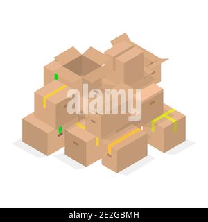 Bunch of cardboard boxes isolated on white background. Packaging design elements. Flat 3D isometric style, vector illustration. Stock Vector