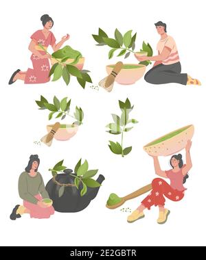 Set of people with green herbal tea or matcha, flat vector illustration isolated. Stock Vector