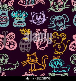 Seamless Cute children's drawing. Colored wax crayons. Icons, signs, symbols, pins. Animals and flowers Stock Vector