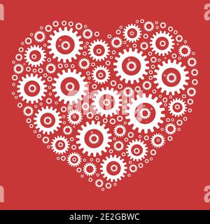 Heart shape mosaic of cog wheels. Looks like clockwork heart or love machine. White illustration on red background. Stock Vector