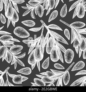 Hand drawn sketch almond seamless pattern. Organic food vector illustration on chalk board. Vintage nut illustration. Engraved style botanical backgro Stock Vector