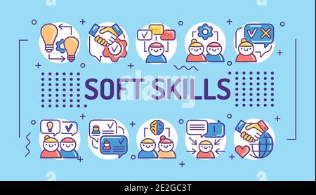 Soft skills word lettering typography. Infographics with linear icons on blue background. Creative idea concept. Isolated outline color illustration Stock Vector