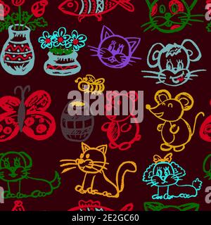 Seamless children's drawing. Colored wax crayons. Icons, signs, symbols. Animals and flowers Stock Vector
