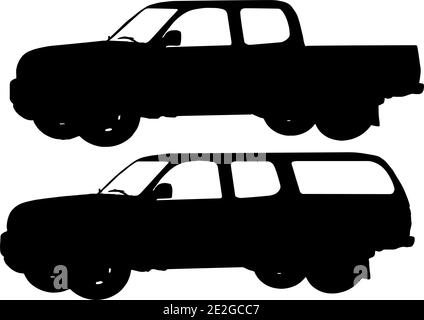 two pick up truck silhouettes in black on white background, vector graphic Stock Vector