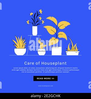 Houseplant care banner with place for text. Indoor plants in pots. Vector illustration in trendy style. Stock Vector