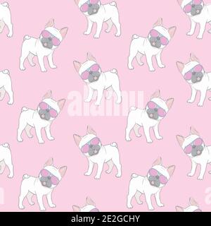 Seamless pattern with a black and white Cartoon French Bulldog puppies in a glasses on a pink background. Vector illustration. Stock Vector
