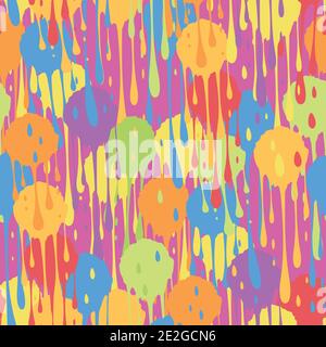 Holi festival inspired paint drip seamless vector pattern background. Irregular tropical color dripping painterly bulging drops backdrop. Abstract Stock Vector