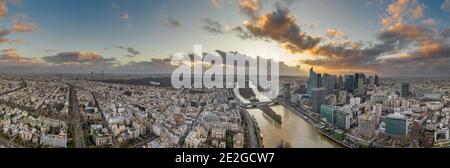 Dec 24, 2019 - Paris, France: Panoramic aerial drone shot of la defense skyscraper complex Stock Photo