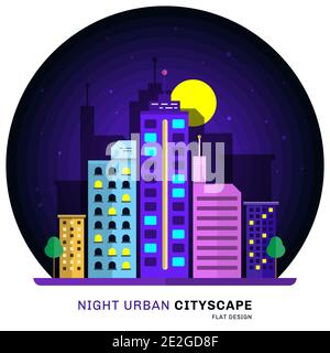 Night urban cityscape flat design with architecture, skyscrapers, tower, buildings. Vector illustration background Stock Vector