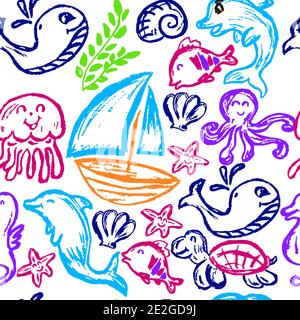 Seamless Cute children's drawing. Wax crayons. Icons, signs, symbols, pins. Marine elements. ship, jellyfish, octopus, whale, dolphin Stock Vector