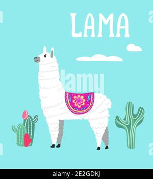 Cute Lamas with mountains and cactus in vector. Hand drawn llama character illustration and cactus elements for nursery design, poster, greeting, birt Stock Vector