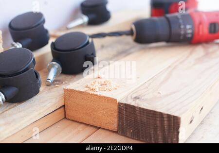 DIY woodwork with the electric drill Stock Photo