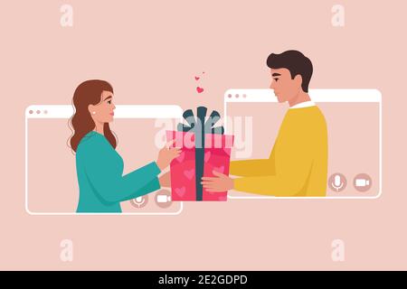 Loving couple in video call frames. Online dating, birthday, valentines day Stock Vector