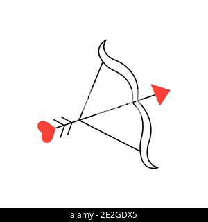 Cupid bow and arrow with a heart. Feeling of love, Valentines Day. Vector isolated illustration hand drawn doodle. The 14th of February. Icon or sign Stock Vector