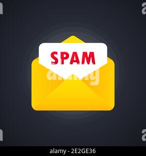 Envelope with spam. Stop spam vector illustration. Email SPAM, vector icon. Spamming mailbox concept. Email box hacking, spam warning. Stock Vector