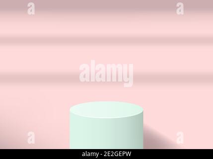 Abstract minimal design with 3d rendered mint podium and line shadows on a pink background.  Realistic vector illustration for product design. Stock Vector