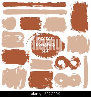 Collection of dirty elements. Large set of two-color strokes, brushes, dots, inks and lines. Vector illustration isolated. Brown shades Stock Vector