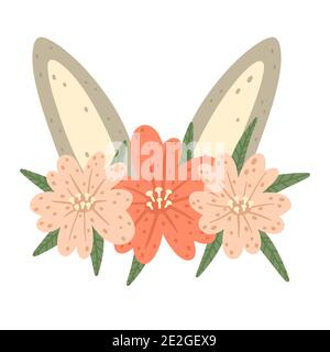 Cute bunny ears with flowers clip art element isolated on white background for print and design. Hand drawn Scandinavian style vector illustration. Stock Vector