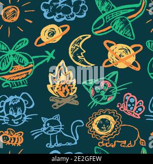 Seamless children's drawing. Colored wax crayons. Icons, signs, symbols, pins. Safari travel. Plane, helicopter, bonfire Stock Vector