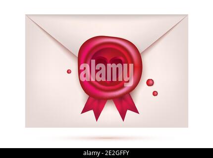 Valentines Day Wax Seal with Red Heart and Ribbons. Retro Stamp on Envelope. Vector Illustration. Stock Vector