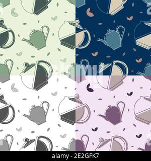 set of seamless patterns with teapot for tea drinking and small tea leaves. Breakfast utensils. Design element. Vector Stock Vector