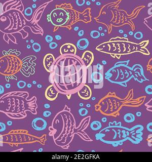 Seamless children's drawing. Colored wax crayons. Icons, signs, symbols, pins. Underwater. Fish, turtle Stock Vector