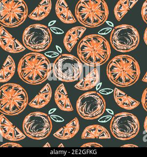 Seamless children's drawing. Colored wax crayons. Icons, signs, symbols, pins. Orange Stock Vector