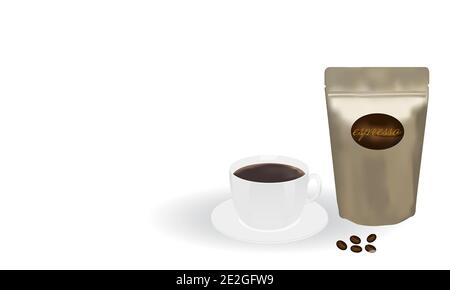 Gold packaging aluminum foil zipper coffee beans pouch bag with a cup of coffee. Vector illustration creative design Stock Vector