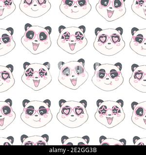 Seamless pattern with cute hand drawn panda' heads. Animal tiling background. Stock Vector
