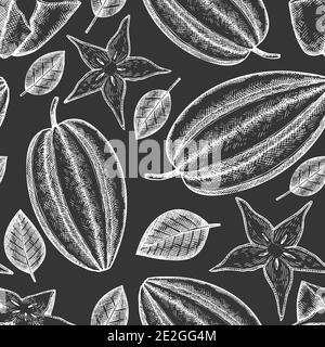 Hand drawn sketch style carambola seamless pattern. Organic fresh fruit vector illustration on chalk board. Retro fruit background Stock Vector