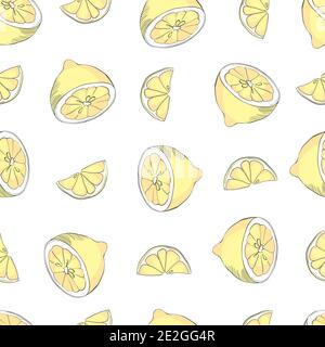 seamless pattern with lemons on the white background. Vector illustration. Hand drawn background. Stock Vector
