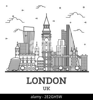 Outline London England UK City Skyline with Modern Buildings Isolated on White. Vector Illustration. London Cityscape with Landmarks. Stock Vector