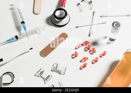 Medical supplies on white background Stock Photo