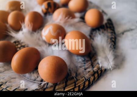 Easter eggs on the table closeup. decorations for holiday. Stock Photo