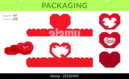 Heart gift box template for Valentine's day, birthdays, baby showers for sweets, candies, small presents, bakery. Retail box blueprint template design Stock Vector