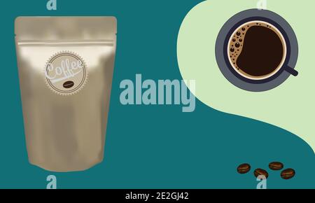 Gold packaging aluminum foil zipper coffee beans pouch bag with a cup of coffee on green background. Vector illustration product template design. Stock Vector