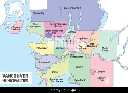 Greater Vancouver municipalities map. Administrative map of metro Vancouver with all cities and regions planning and delivering regional Gouvernement. Stock Vector