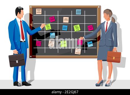 Scrum agile board, business people. Bulletin board hanging on wall full of tasks on sticky note cards. List of event for employee. Development, team work, agenda, to do list. Flat vector illustration Stock Vector