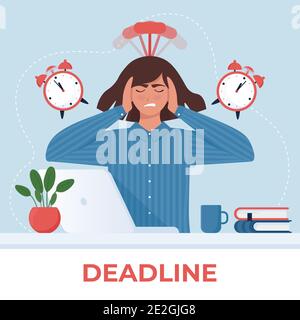 Deadline concept. Anxious business woman at the computer with alarm clock. Vector illustration in cartoon flat style Stock Vector