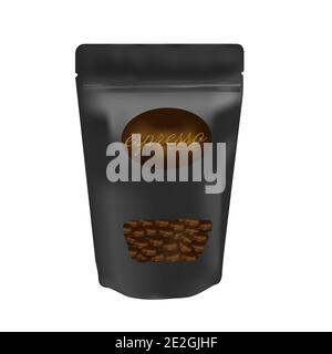 Black packaging aluminum foil zipper coffee beans pouch bag. Vector illustration creative design Stock Vector