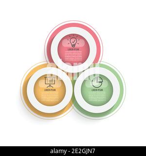 Three colorful translucent overlapping circles with thin line pictograms inside and text boxes. Concept of triangle business model with 3 options. Inf Stock Vector