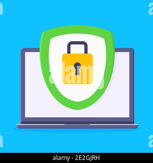 Privacy policy, safety lock and data protection metaphor. Shield with padlock on the laptop screen with personal data security protection symbol flat Stock Vector